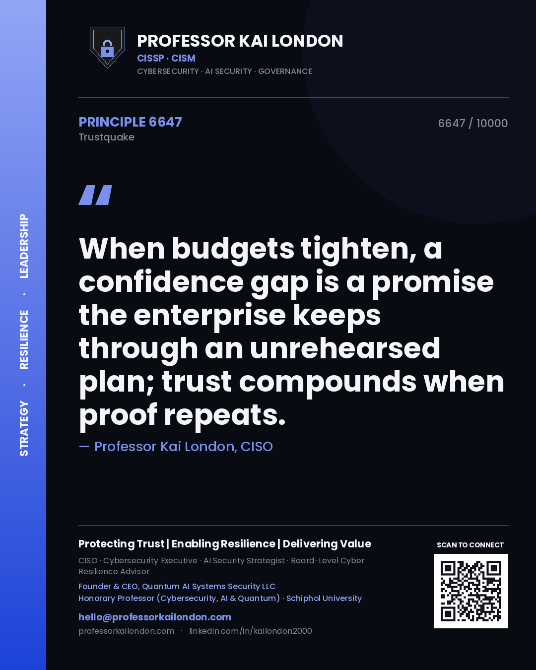 Quote card by Professor Kai London reading 'When budgets tighten, a confidence gap is a promise the enterprise keeps through an unrehearsed plan; trust compounds when proof repeats.'. From the book Trustquake.