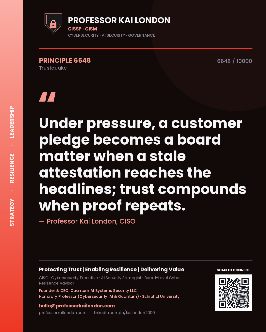 Professor Kai London principle 6648: Under pressure, a customer pledge becomes a board matter when a stale attestation reaches the headlines; trust compounds when proof repeats.