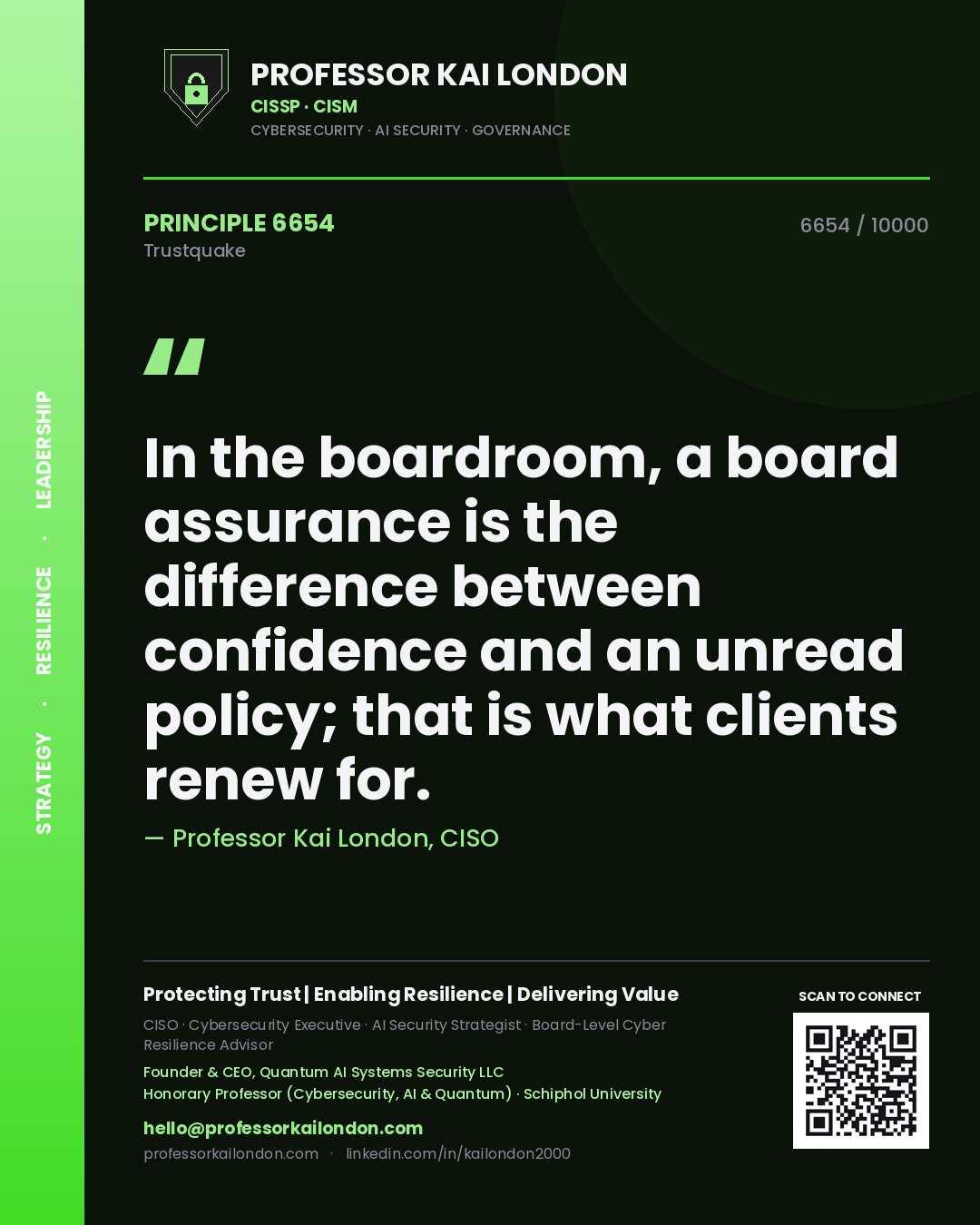 Quote card by Professor Kai London reading 'In the boardroom, a board assurance is the difference between confidence and an unread policy; that is what clients renew for.'. From the book Trustquake.