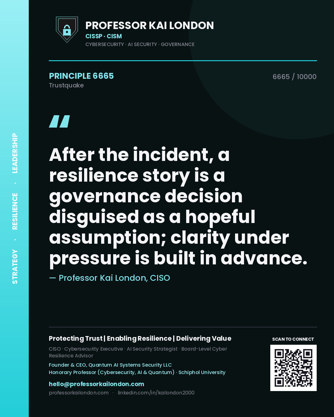 Quote card by Professor Kai London reading 'After the incident, a resilience story is a governance decision disguised as a hopeful assumption; clarity under pressure is built in advance.'. From the book Trustquake.