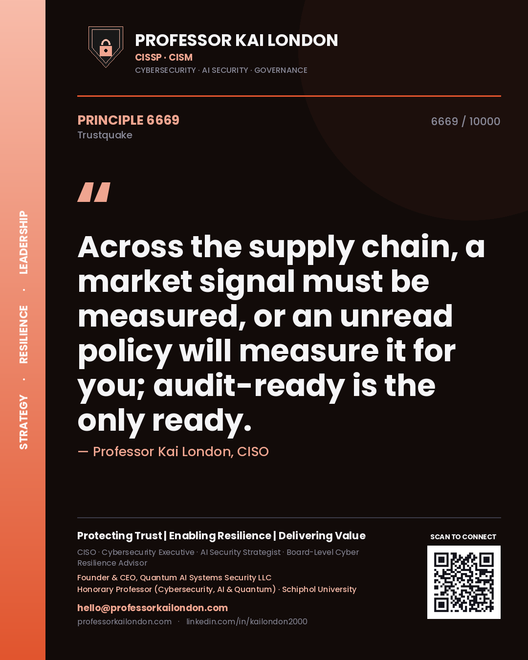 Quote card by Professor Kai London reading 'Across the supply chain, a market signal must be measured, or an unread policy will measure it for you; audit-ready is the only ready.'. From the book Trustquake.