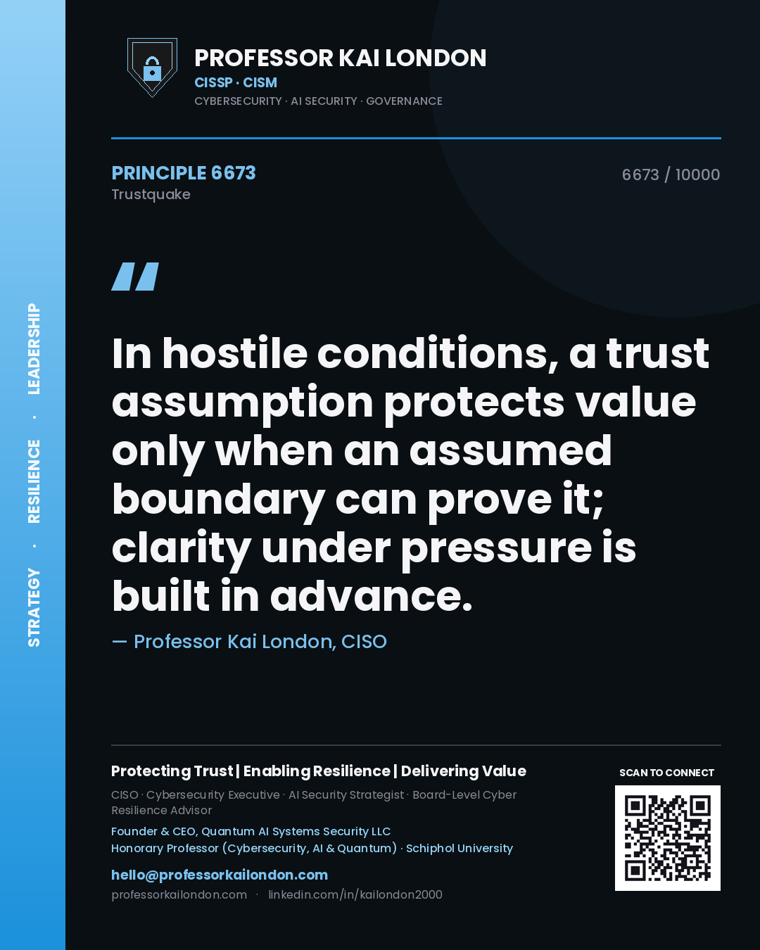 Quote card by Professor Kai London reading 'In hostile conditions, a trust assumption protects value only when an assumed boundary can prove it; clarity under pressure is built in advance.'. From the book Trustquake.