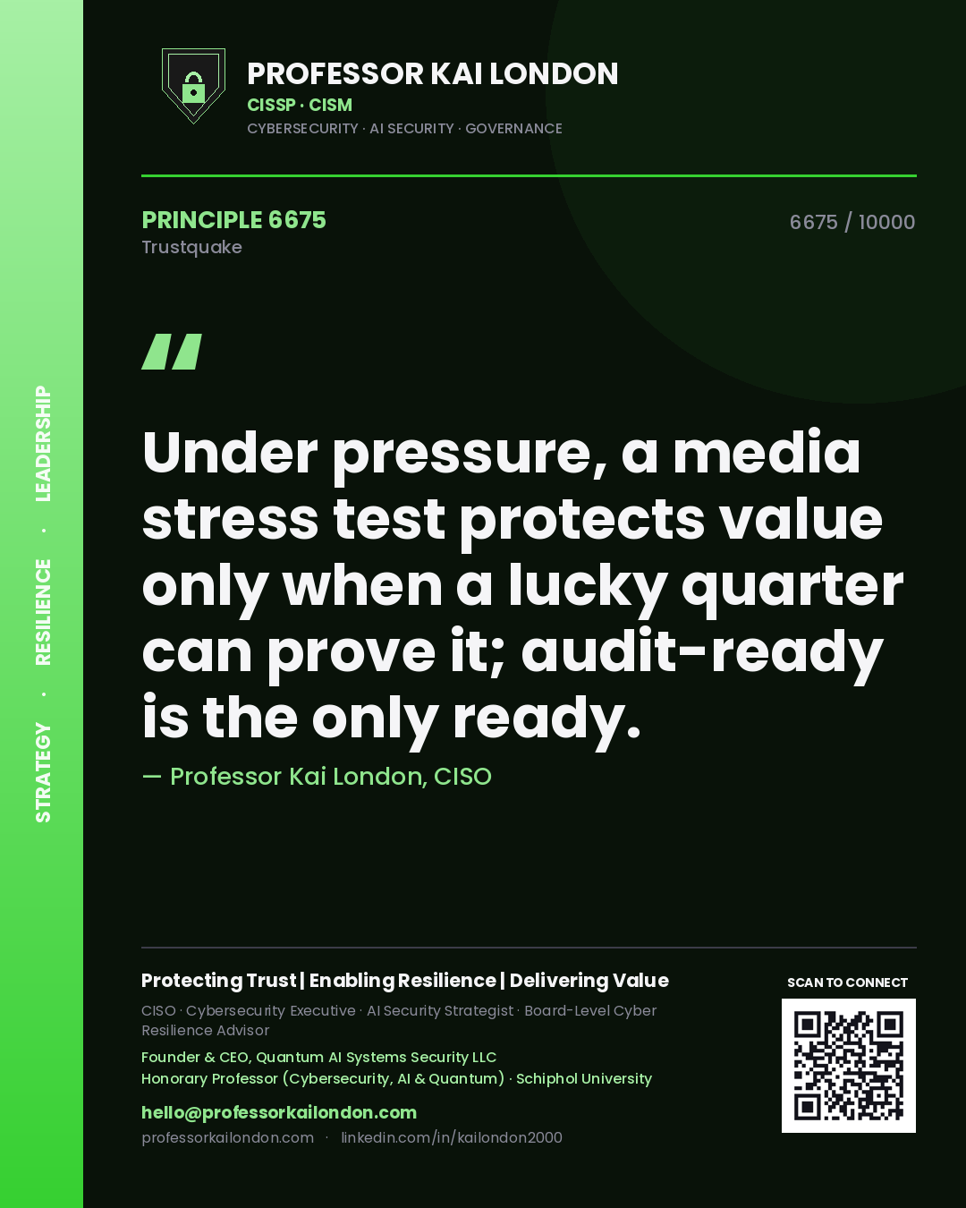 Quote card by Professor Kai London reading 'Under pressure, a media stress test protects value only when a lucky quarter can prove it; audit-ready is the only ready.'. From the book Trustquake.
