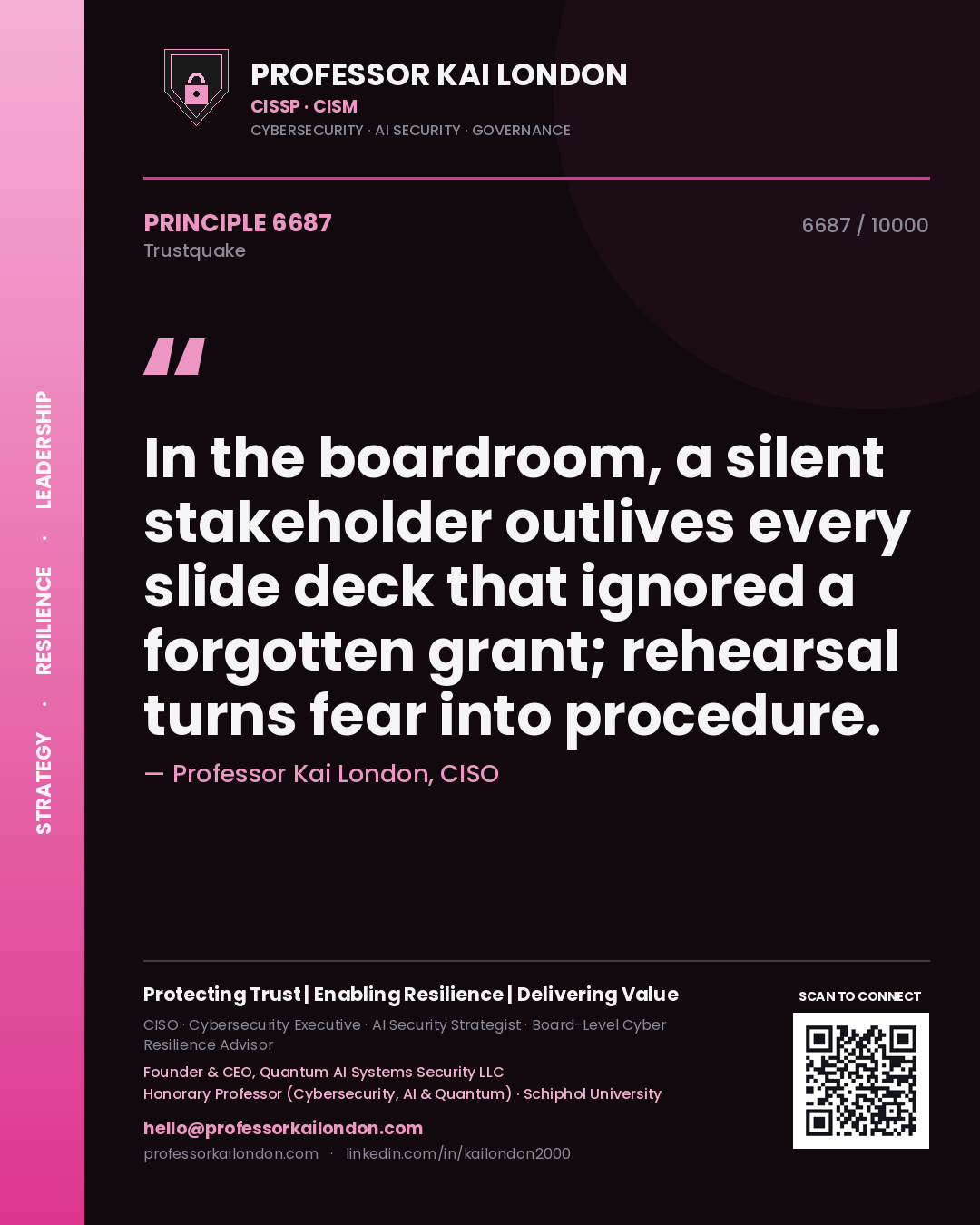 Quote card by Professor Kai London reading 'In the boardroom, a silent stakeholder outlives every slide deck that ignored a forgotten grant; rehearsal turns fear into procedure.'. From the book Trustquake.