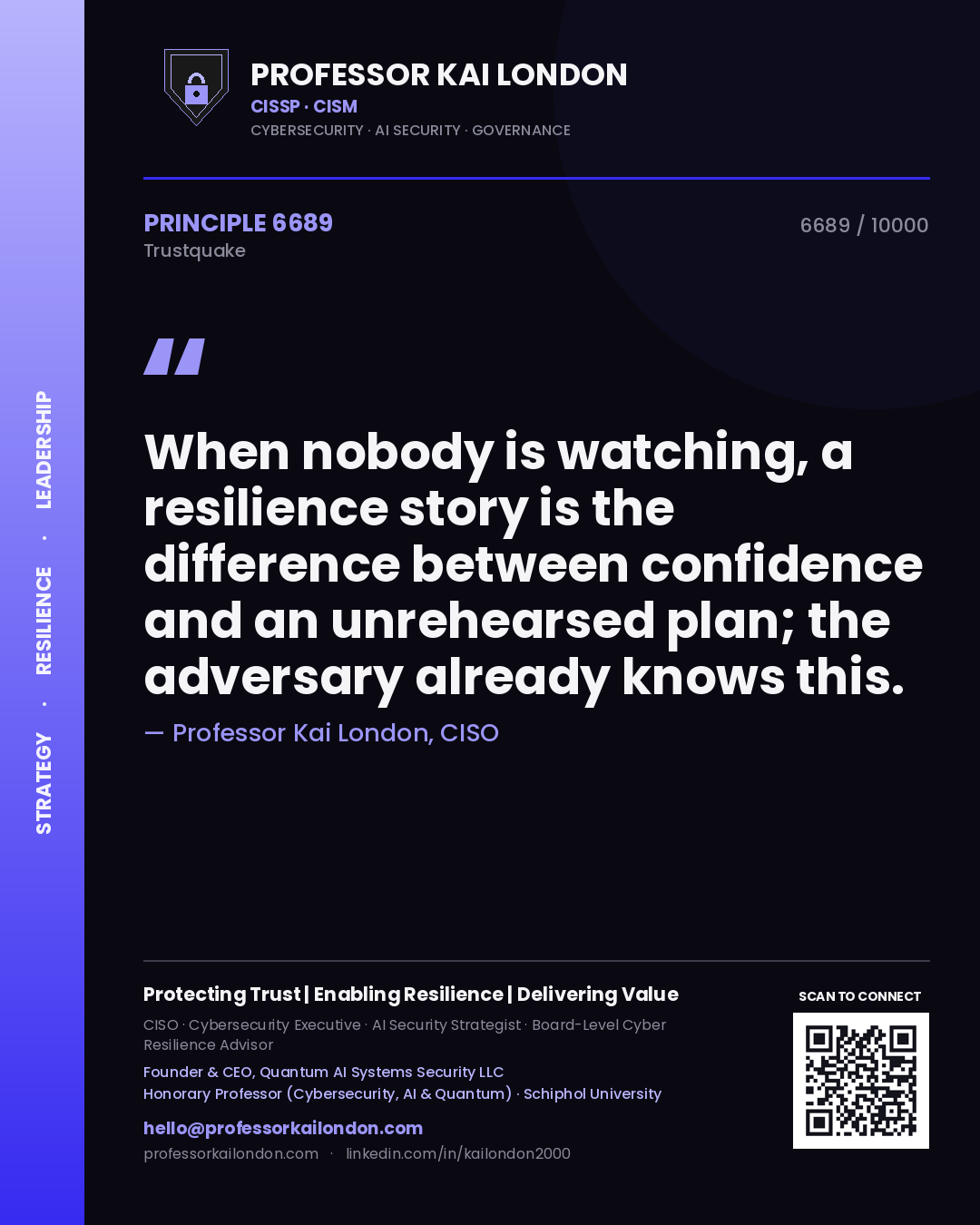 Quote card by Professor Kai London reading 'When nobody is watching, a resilience story is the difference between confidence and an unrehearsed plan; the adversary already knows this.'. From the book Trustquake.