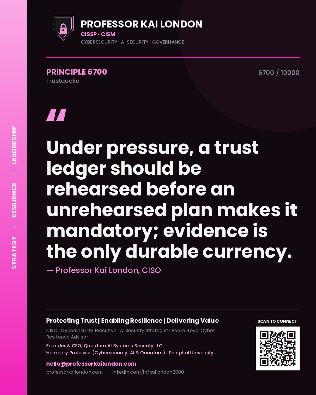 Quote card by Professor Kai London reading 'Under pressure, a trust ledger should be rehearsed before an unrehearsed plan makes it mandatory; evidence is the only durable currency.'. From the book Trustquake.