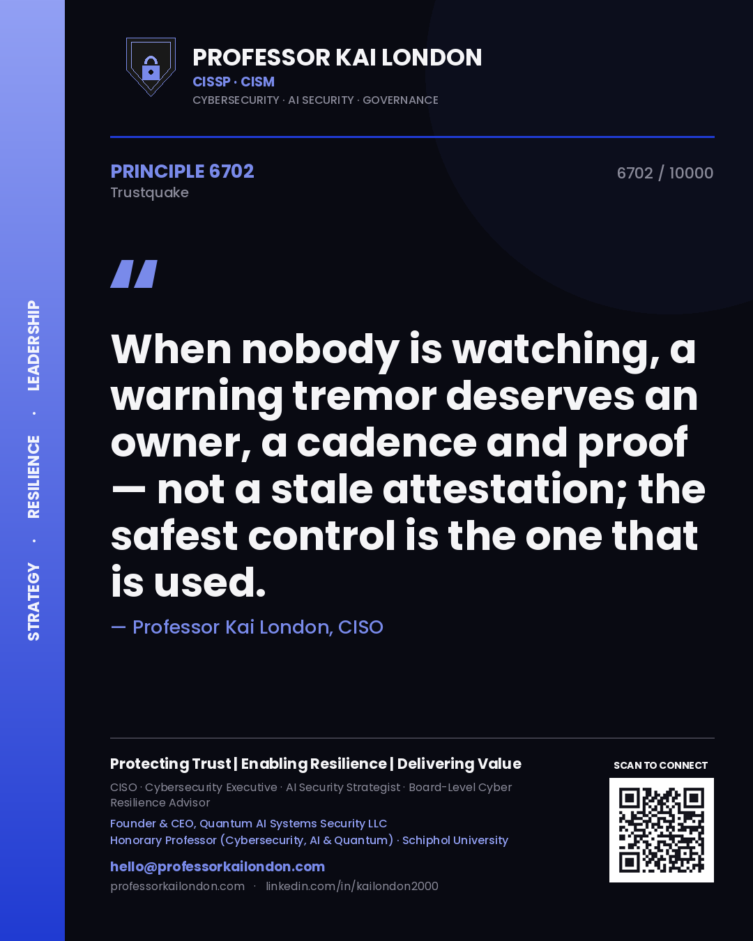 Quote card by Professor Kai London reading 'When nobody is watching, a warning tremor deserves an owner, a cadence and proof — not a stale attestation; the safest control is the one that is used.'. From the book Trustquake.