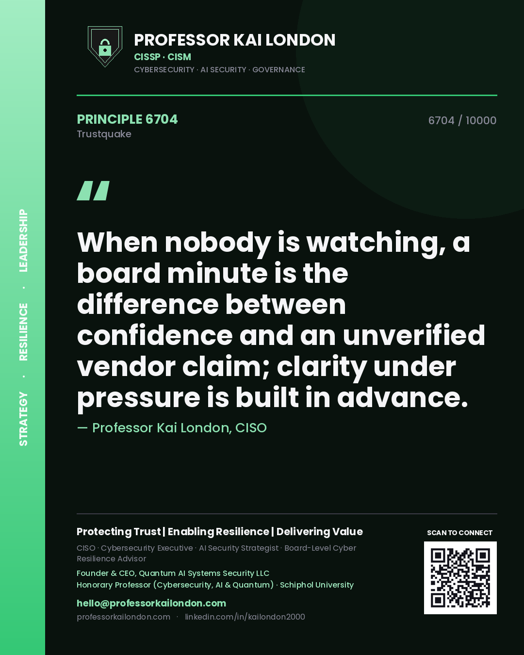 Professor Kai London principle 6704: When nobody is watching, a board minute is the difference between confidence and an unverified vendor claim; clarity under pressure is built in advance.