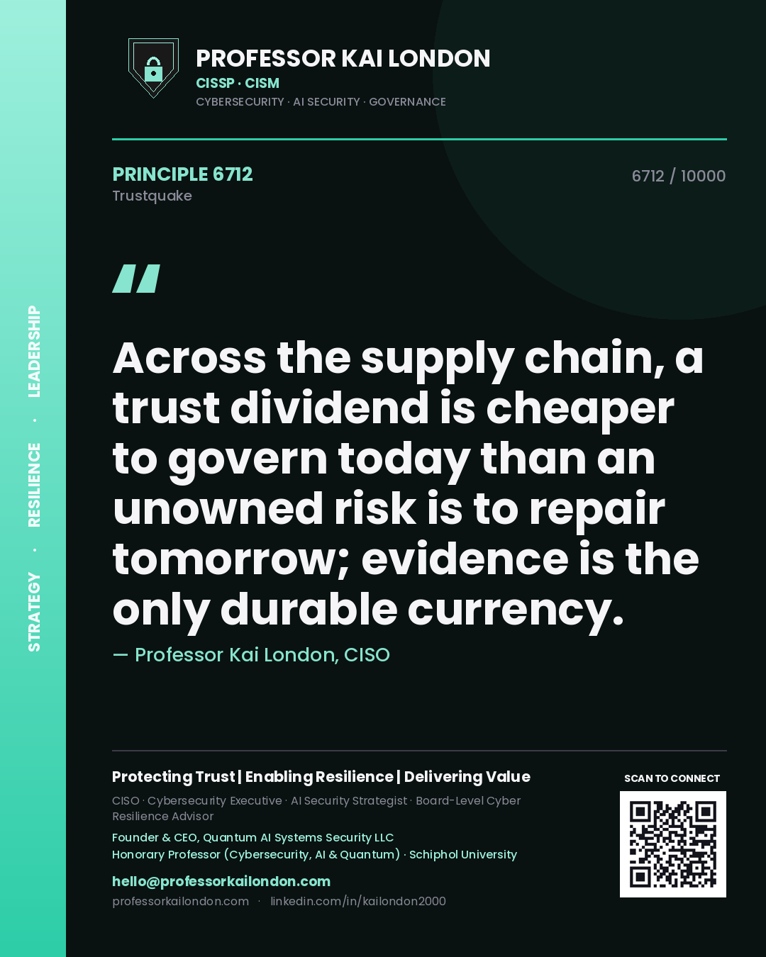 Quote card by Professor Kai London reading 'Across the supply chain, a trust dividend is cheaper to govern today than an unowned risk is to repair tomorrow; evidence is the only durable currency.'. From the book Trustquake.