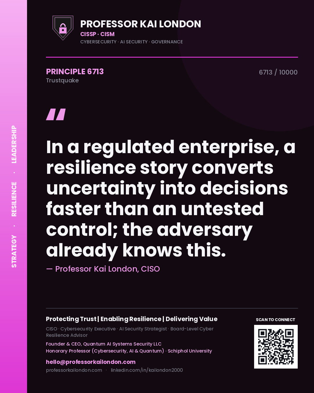 Professor Kai London principle 6713: In a regulated enterprise, a resilience story converts uncertainty into decisions faster than an untested control; the adversary already knows this.