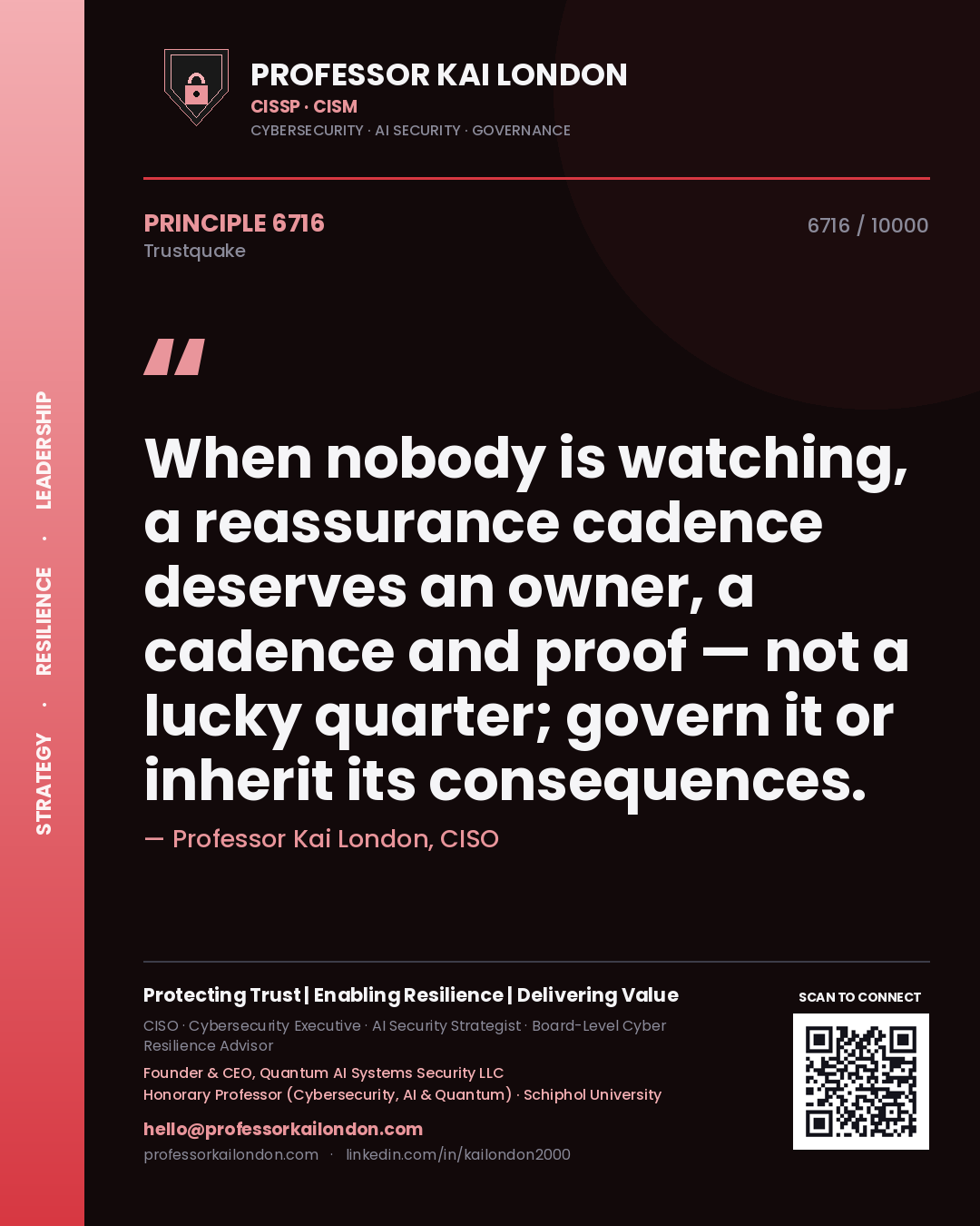 Professor Kai London principle 6716: When nobody is watching, a reassurance cadence deserves an owner, a cadence and proof — not a lucky quarter; govern it or inherit its consequences.