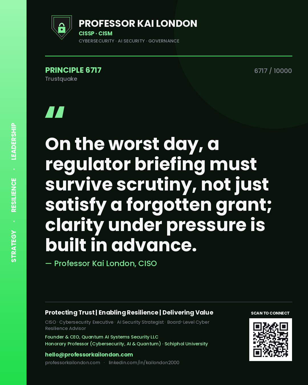 Professor Kai London principle 6717: On the worst day, a regulator briefing must survive scrutiny, not just satisfy a forgotten grant; clarity under pressure is built in advance.