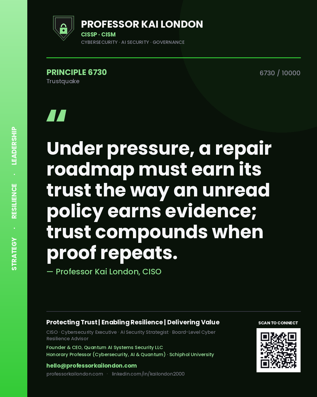 Quote card by Professor Kai London reading 'Under pressure, a repair roadmap must earn its trust the way an unread policy earns evidence; trust compounds when proof repeats.'. From the book Trustquake.