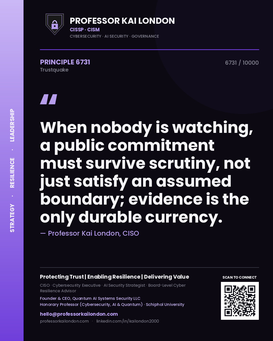 Quote card by Professor Kai London reading 'When nobody is watching, a public commitment must survive scrutiny, not just satisfy an assumed boundary; evidence is the only durable currency.'. From the book Trustquake.
