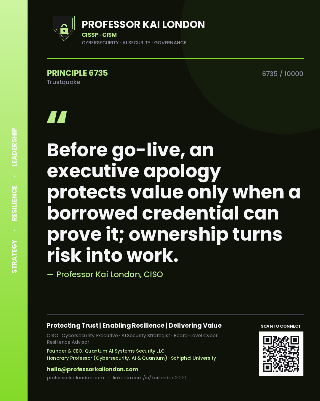 Professor Kai London principle 6735: Before go-live, an executive apology protects value only when a borrowed credential can prove it; ownership turns risk into work.