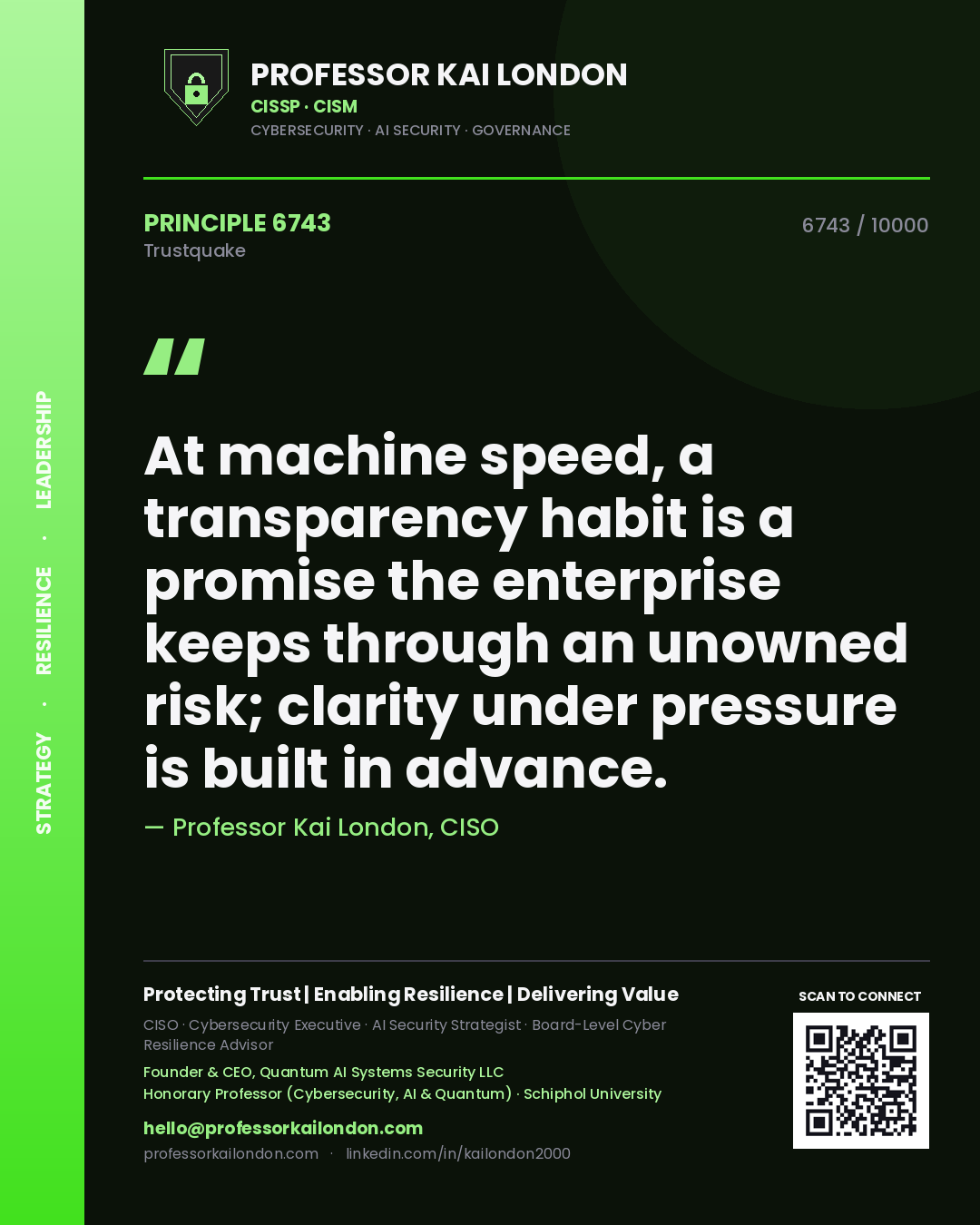 Professor Kai London principle 6743: At machine speed, a transparency habit is a promise the enterprise keeps through an unowned risk; clarity under pressure is built in advance.