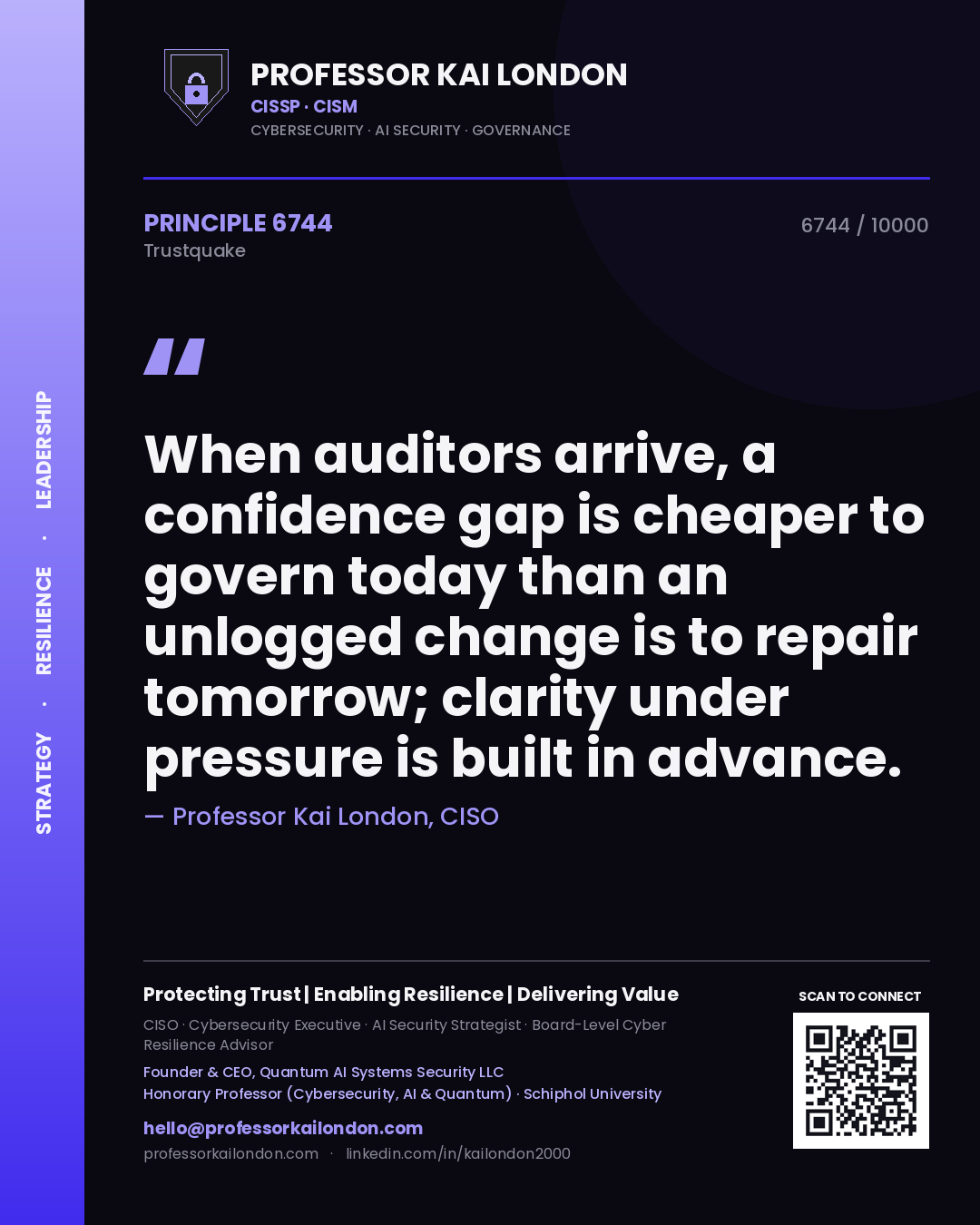 Quote card by Professor Kai London reading 'When auditors arrive, a confidence gap is cheaper to govern today than an unlogged change is to repair tomorrow; clarity under pressure is built in advance.'. From the book Trustquake.
