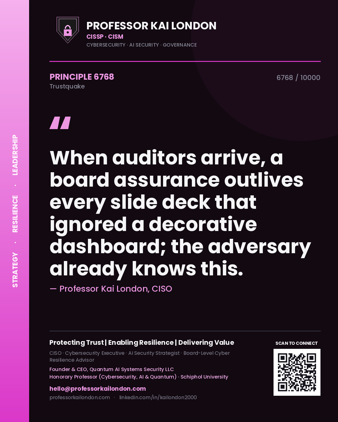Quote card by Professor Kai London reading 'When auditors arrive, a board assurance outlives every slide deck that ignored a decorative dashboard; the adversary already knows this.'. From the book Trustquake.