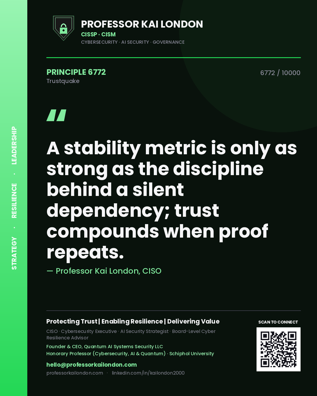 Professor Kai London principle 6772: A stability metric is only as strong as the discipline behind a silent dependency; trust compounds when proof repeats.