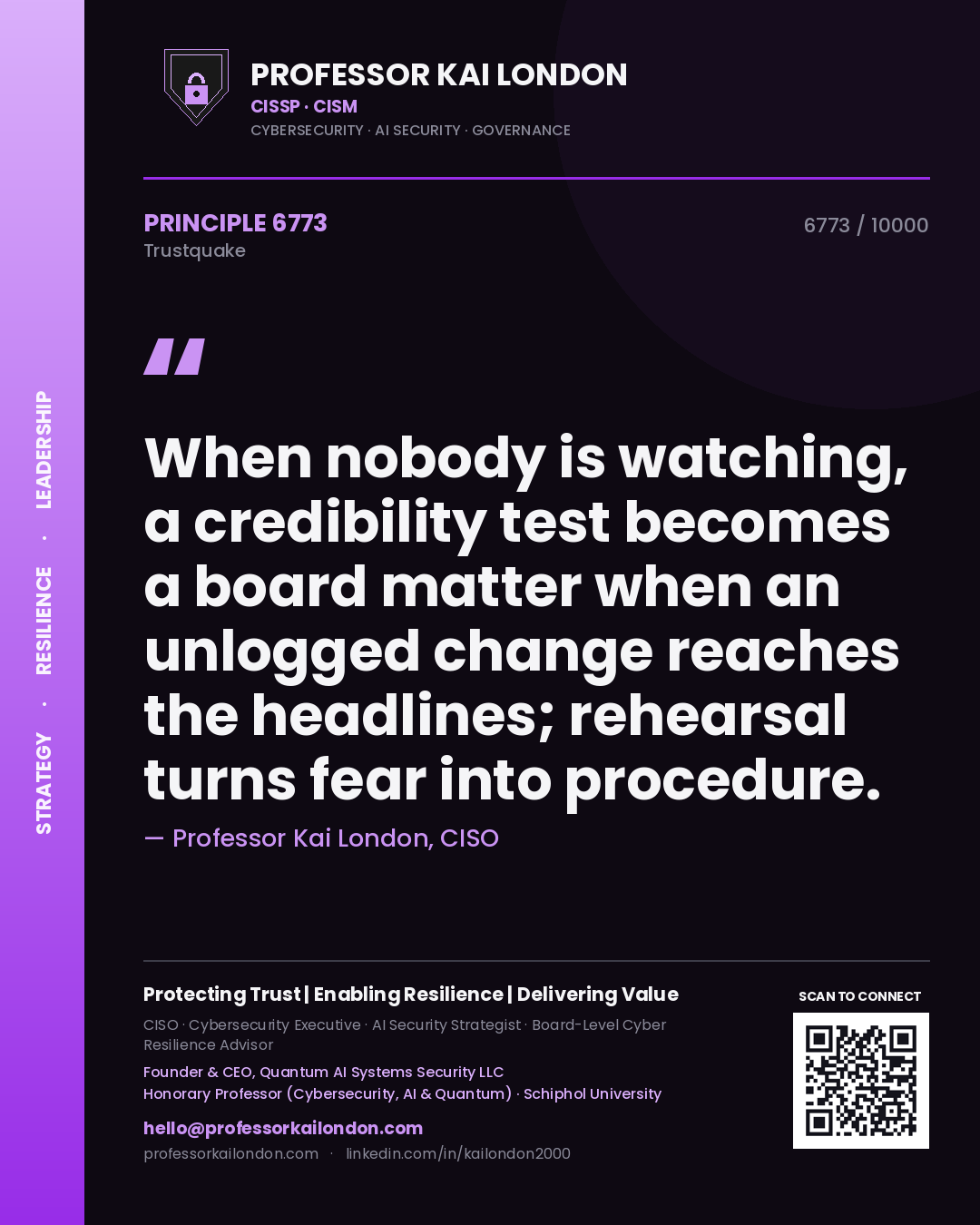 Professor Kai London principle 6773: When nobody is watching, a credibility test becomes a board matter when an unlogged change reaches the headlines; rehearsal turns fear into procedure.