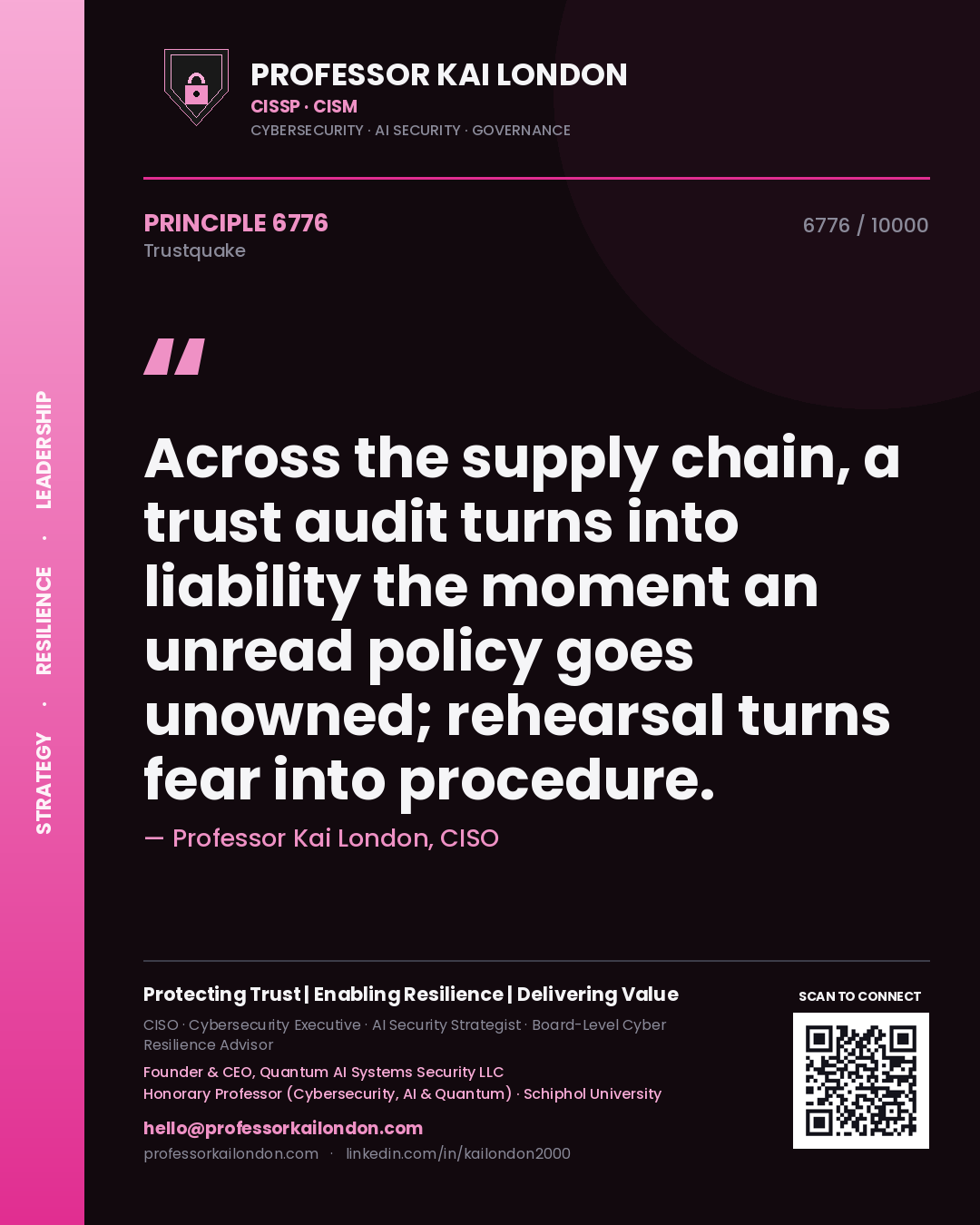 Professor Kai London principle 6776: Across the supply chain, a trust audit turns into liability the moment an unread policy goes unowned; rehearsal turns fear into procedure.