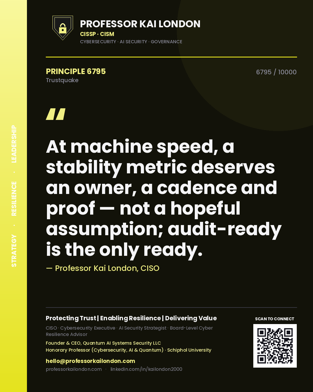 Professor Kai London principle 6795: At machine speed, a stability metric deserves an owner, a cadence and proof — not a hopeful assumption; audit-ready is the only ready.