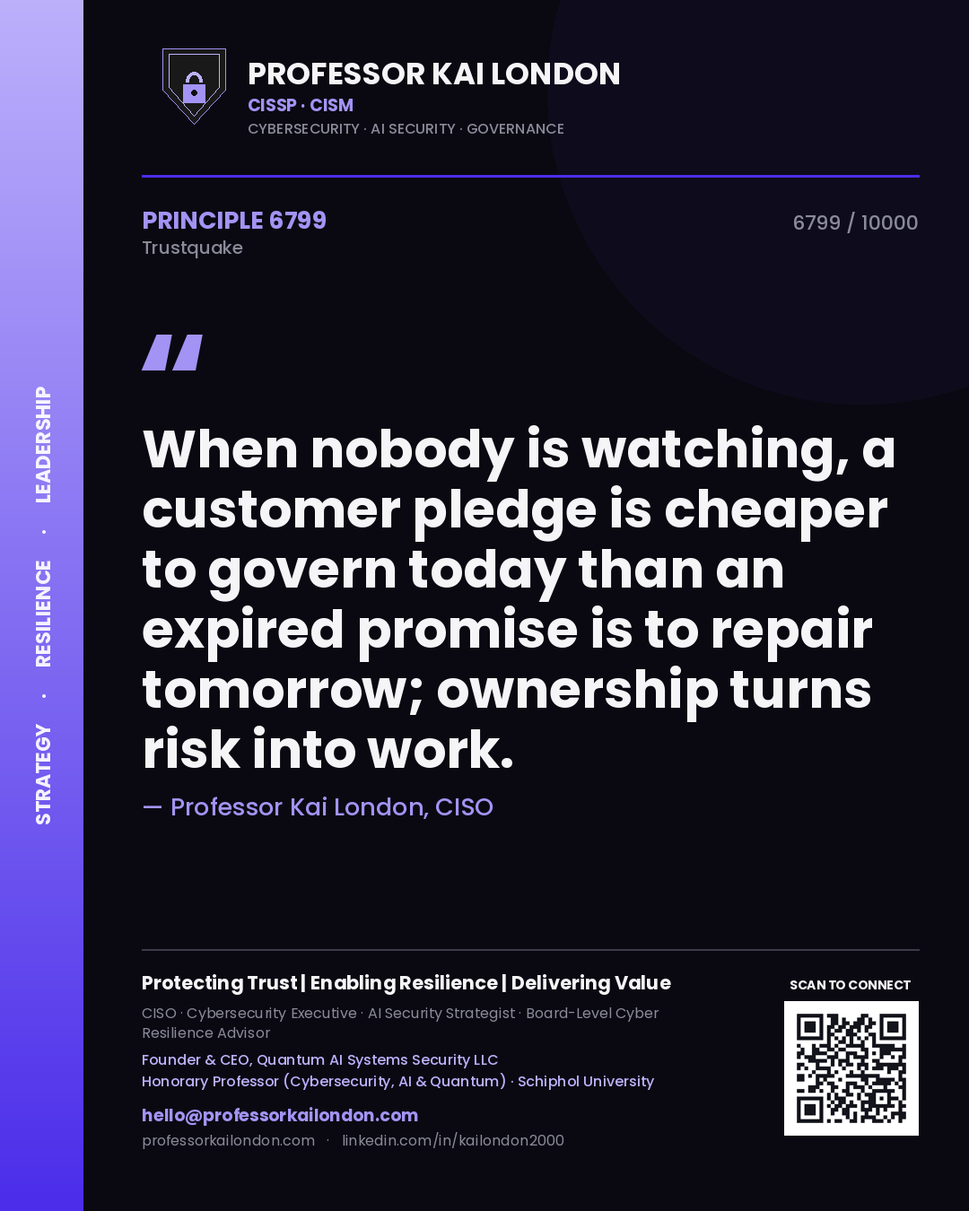 Quote card by Professor Kai London reading 'When nobody is watching, a customer pledge is cheaper to govern today than an expired promise is to repair tomorrow; ownership turns risk into work.'. From the book Trustquake.
