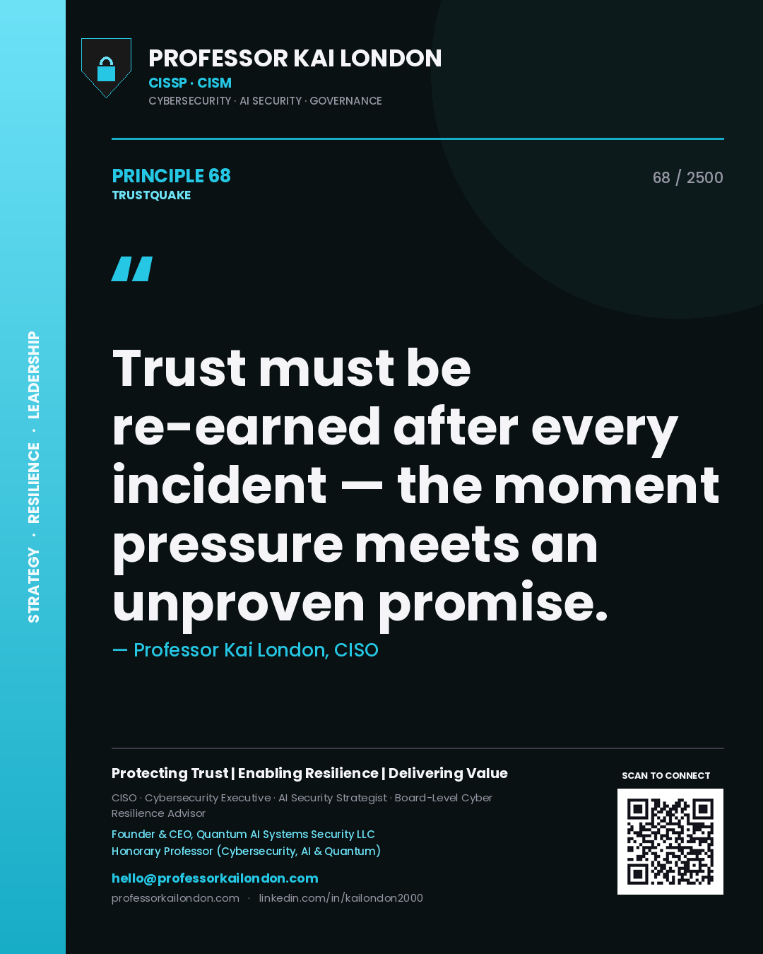 Quote card by Professor Kai London reading 'Trust must be re-earned after every incident — the moment pressure meets an unproven promise.'. From the book Trustquake.