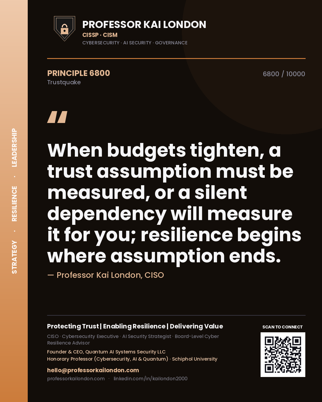 Professor Kai London principle 6800: When budgets tighten, a trust assumption must be measured, or a silent dependency will measure it for you; resilience begins where assumption ends.