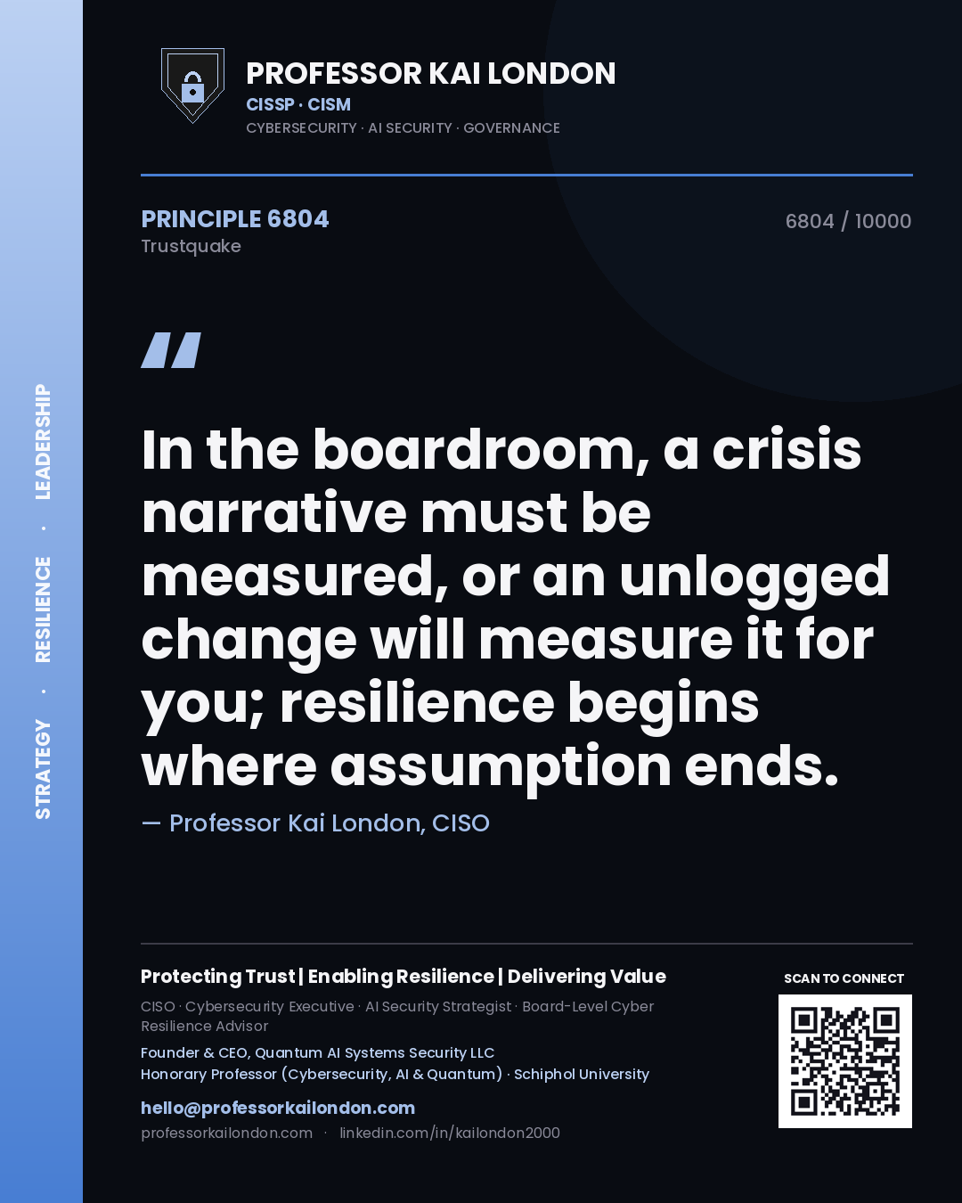 Quote card by Professor Kai London reading 'In the boardroom, a crisis narrative must be measured, or an unlogged change will measure it for you; resilience begins where assumption ends.'. From the book Trustquake.