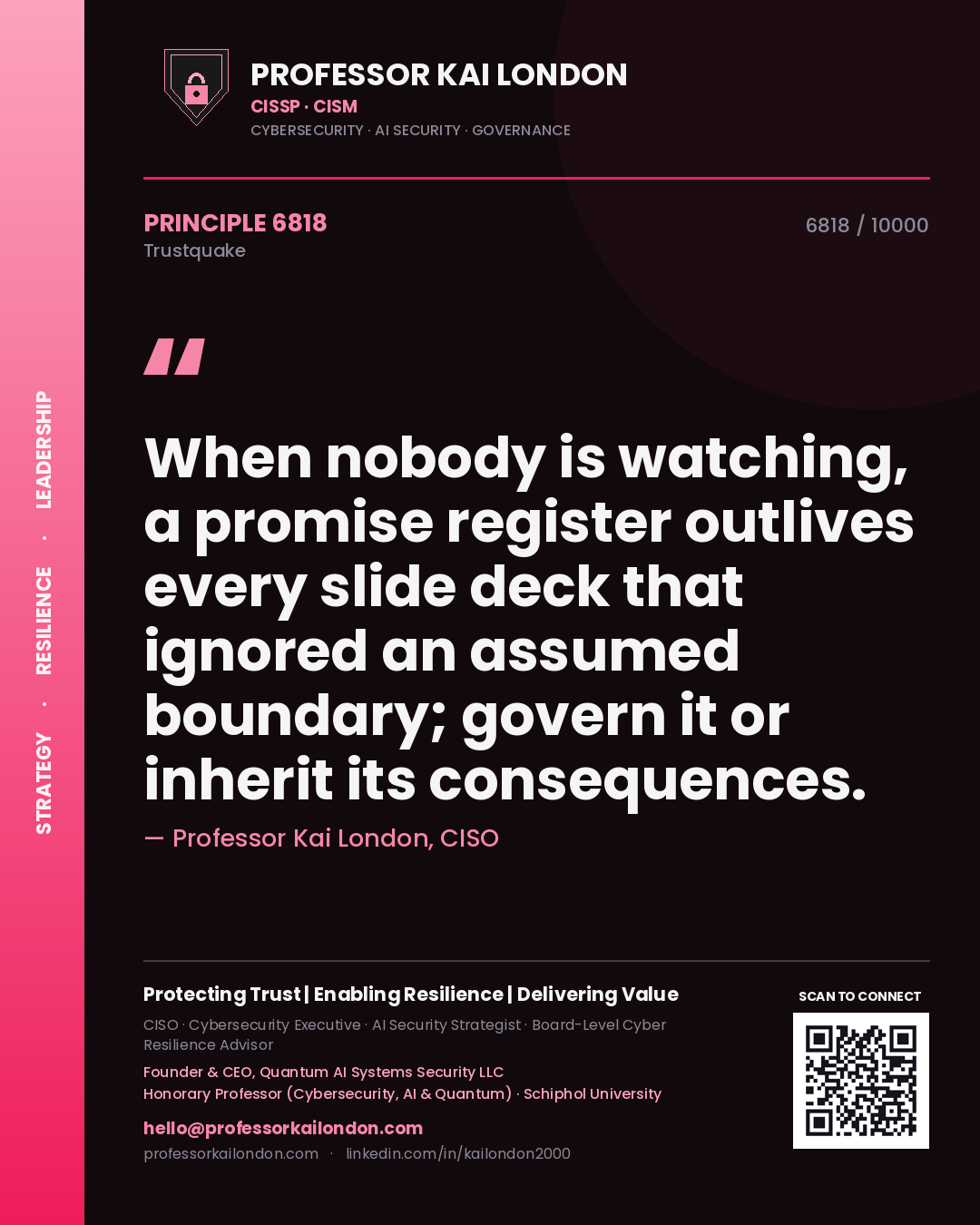 Professor Kai London principle 6818: When nobody is watching, a promise register outlives every slide deck that ignored an assumed boundary; govern it or inherit its consequences.