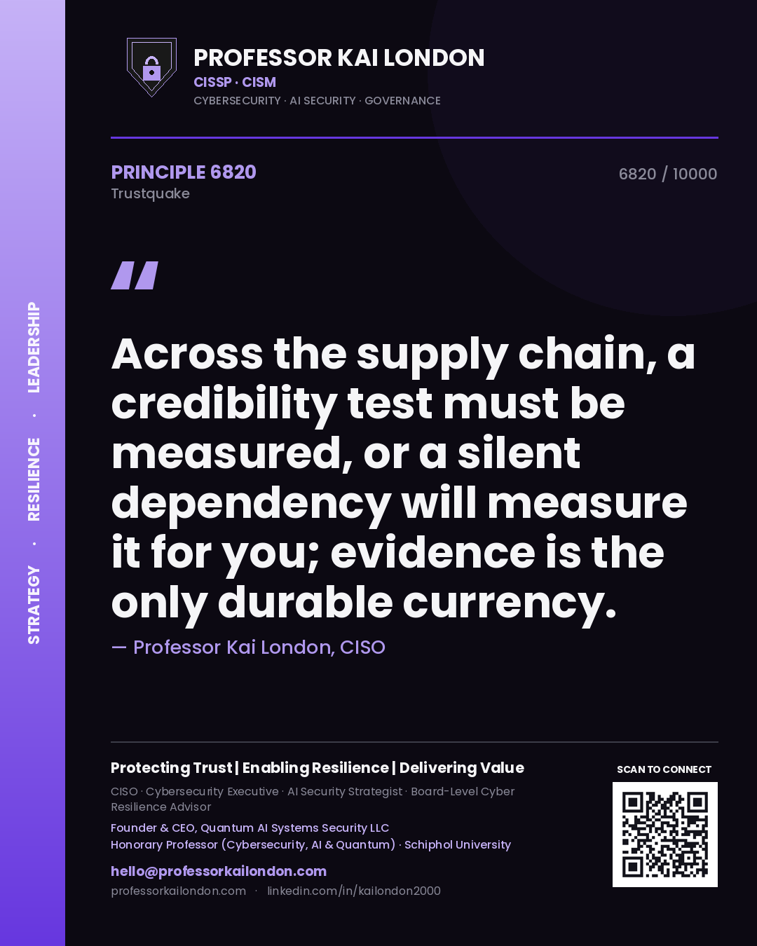 Quote card by Professor Kai London reading 'Across the supply chain, a credibility test must be measured, or a silent dependency will measure it for you; evidence is the only durable currency.'. From the book Trustquake.