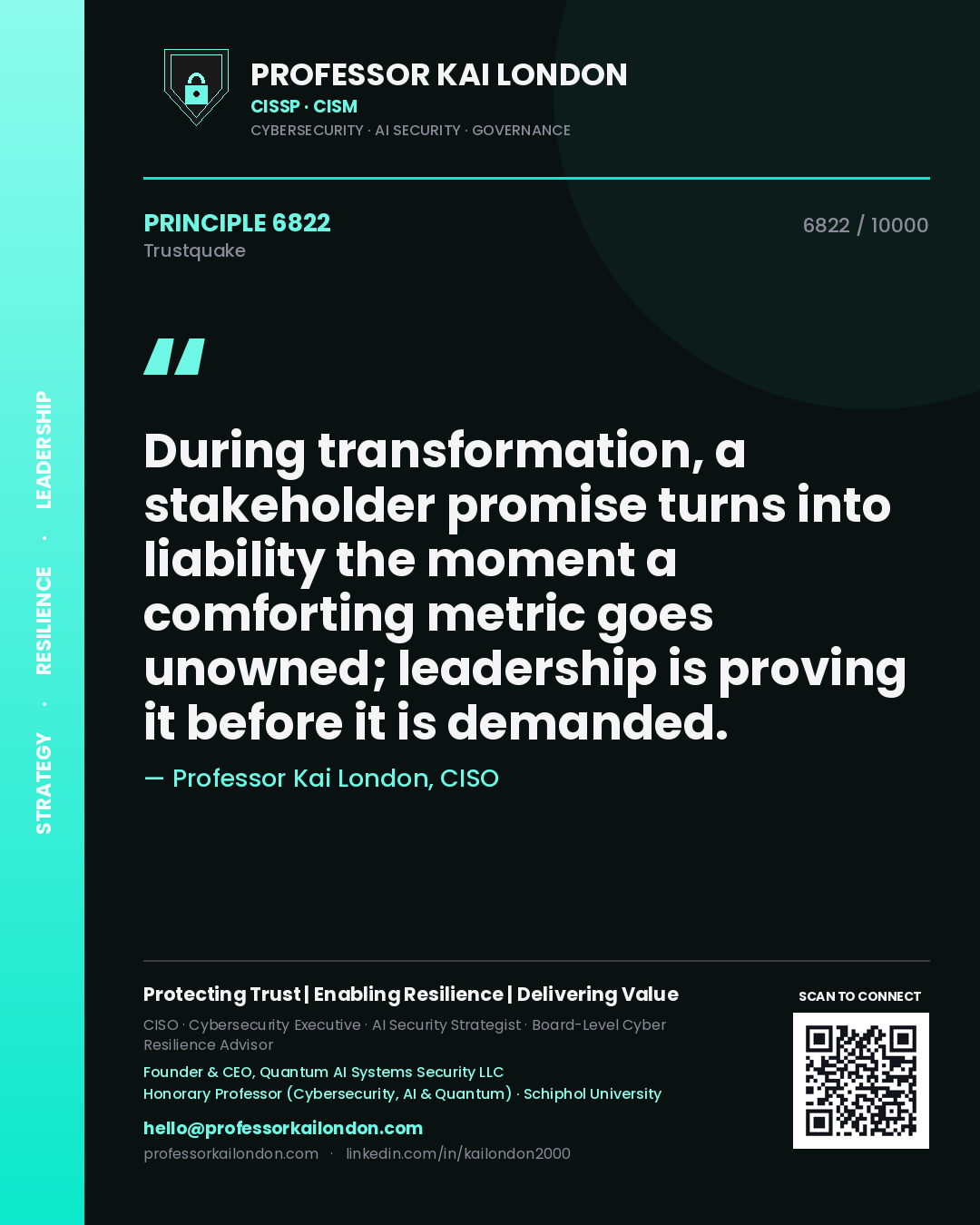 Quote card by Professor Kai London reading 'During transformation, a stakeholder promise turns into liability the moment a comforting metric goes unowned; leadership is proving it before it is demanded.'. From the book Trustquake.