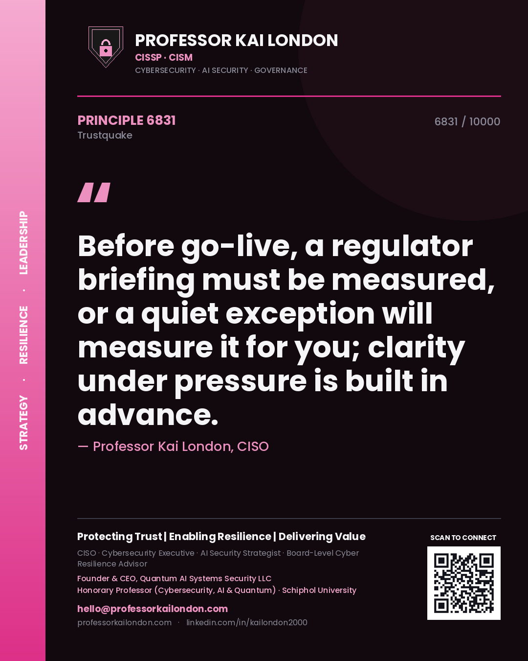 Quote card by Professor Kai London reading 'Before go-live, a regulator briefing must be measured, or a quiet exception will measure it for you; clarity under pressure is built in advance.'. From the book Trustquake.