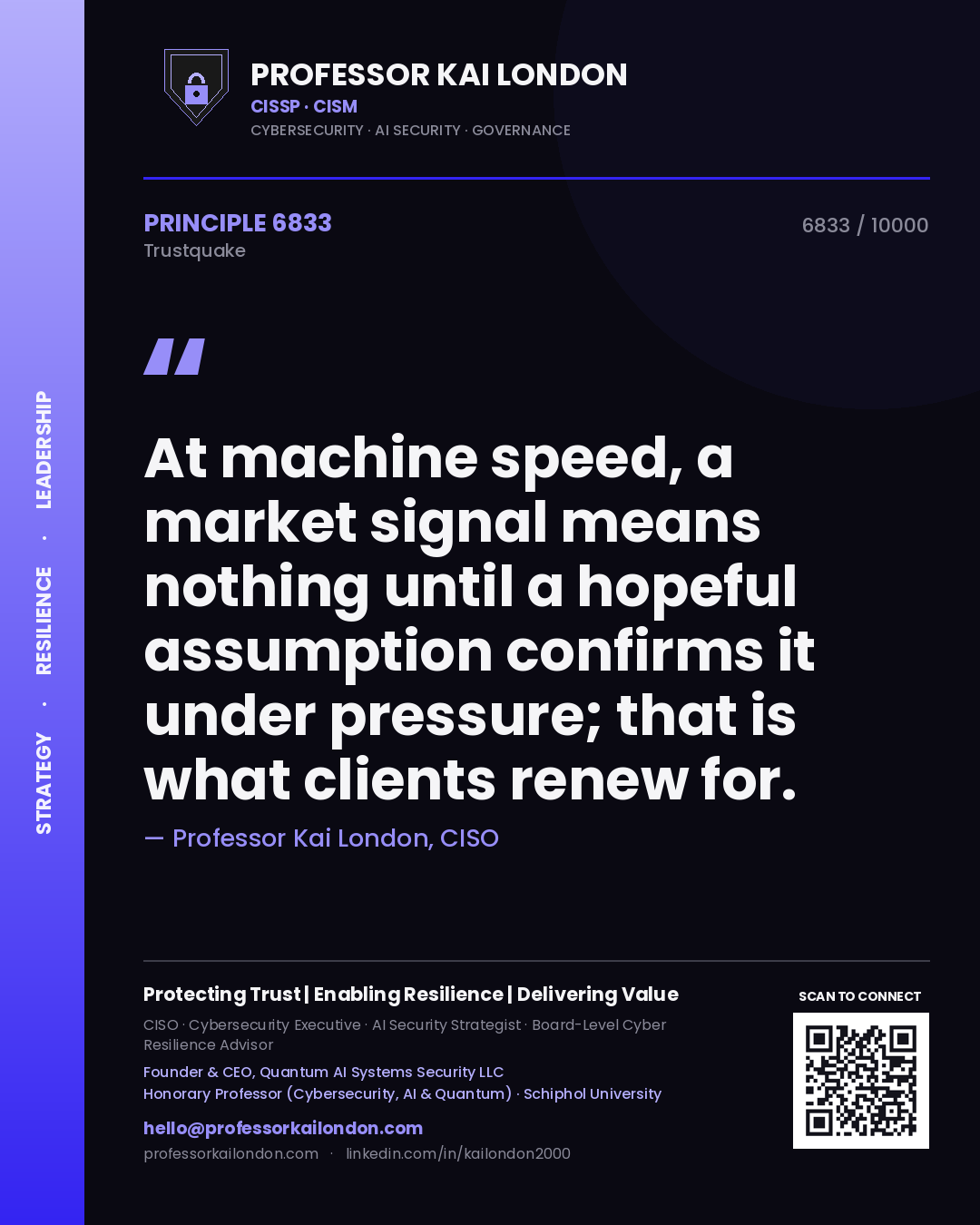 Quote card by Professor Kai London reading 'At machine speed, a market signal means nothing until a hopeful assumption confirms it under pressure; that is what clients renew for.'. From the book Trustquake.