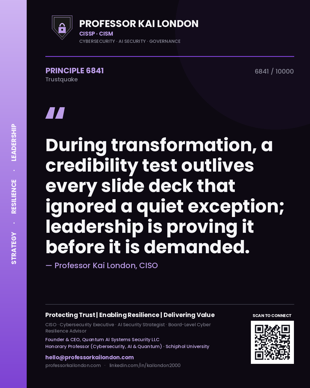 Professor Kai London principle 6841: During transformation, a credibility test outlives every slide deck that ignored a quiet exception; leadership is proving it before it is demanded.