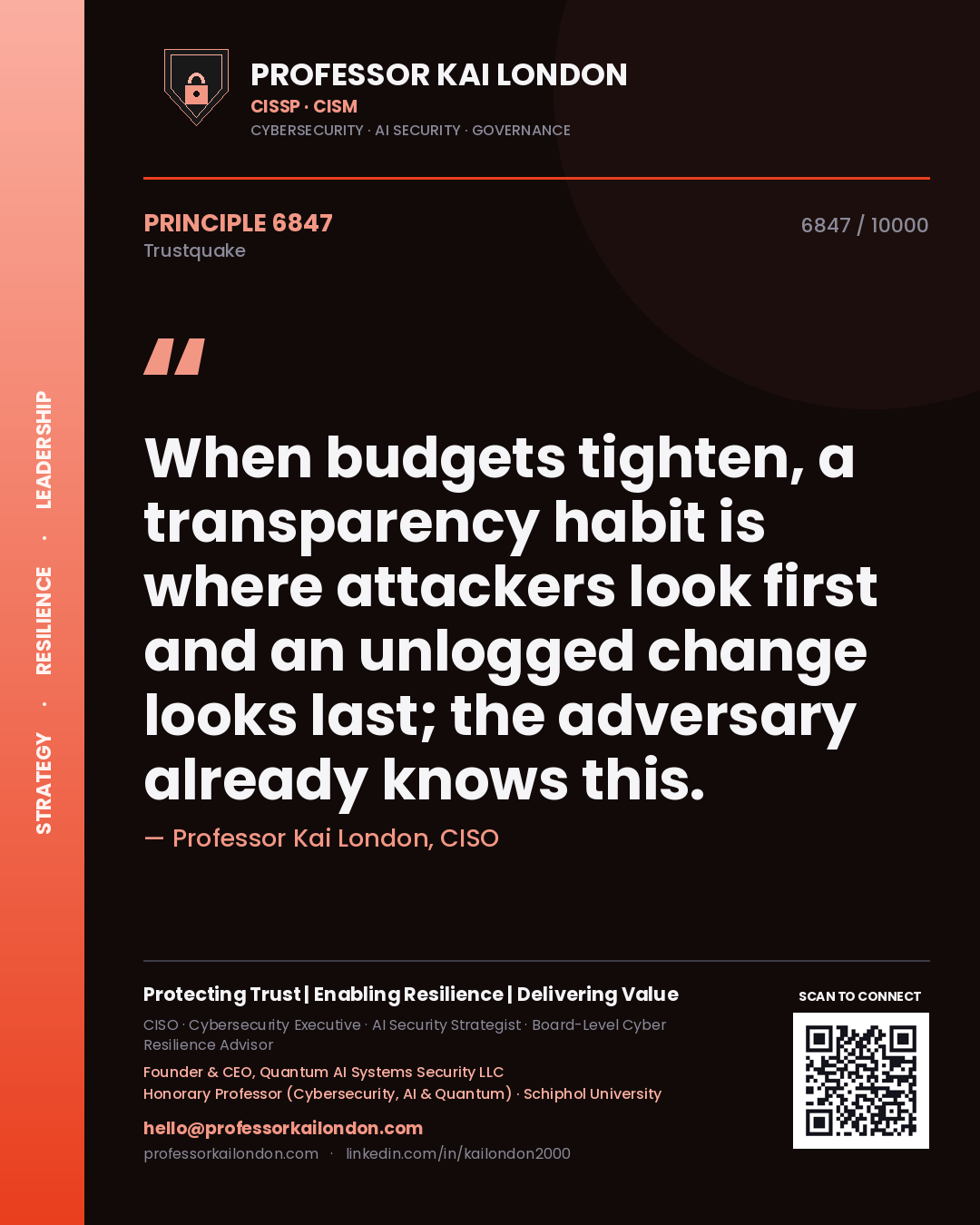 Quote card by Professor Kai London reading 'When budgets tighten, a transparency habit is where attackers look first and an unlogged change looks last; the adversary already knows this.'. From the book Trustquake.