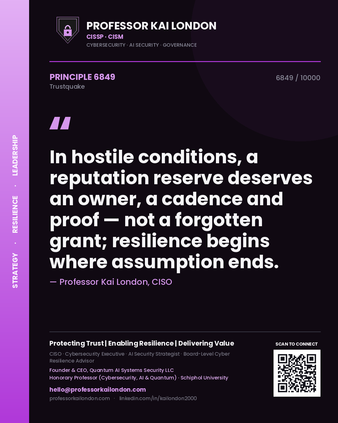 Quote card by Professor Kai London reading 'In hostile conditions, a reputation reserve deserves an owner, a cadence and proof — not a forgotten grant; resilience begins where assumption ends.'. From the book Trustquake.