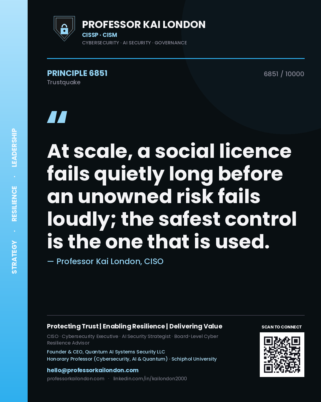 Quote card by Professor Kai London reading 'At scale, a social licence fails quietly long before an unowned risk fails loudly; the safest control is the one that is used.'. From the book Trustquake.