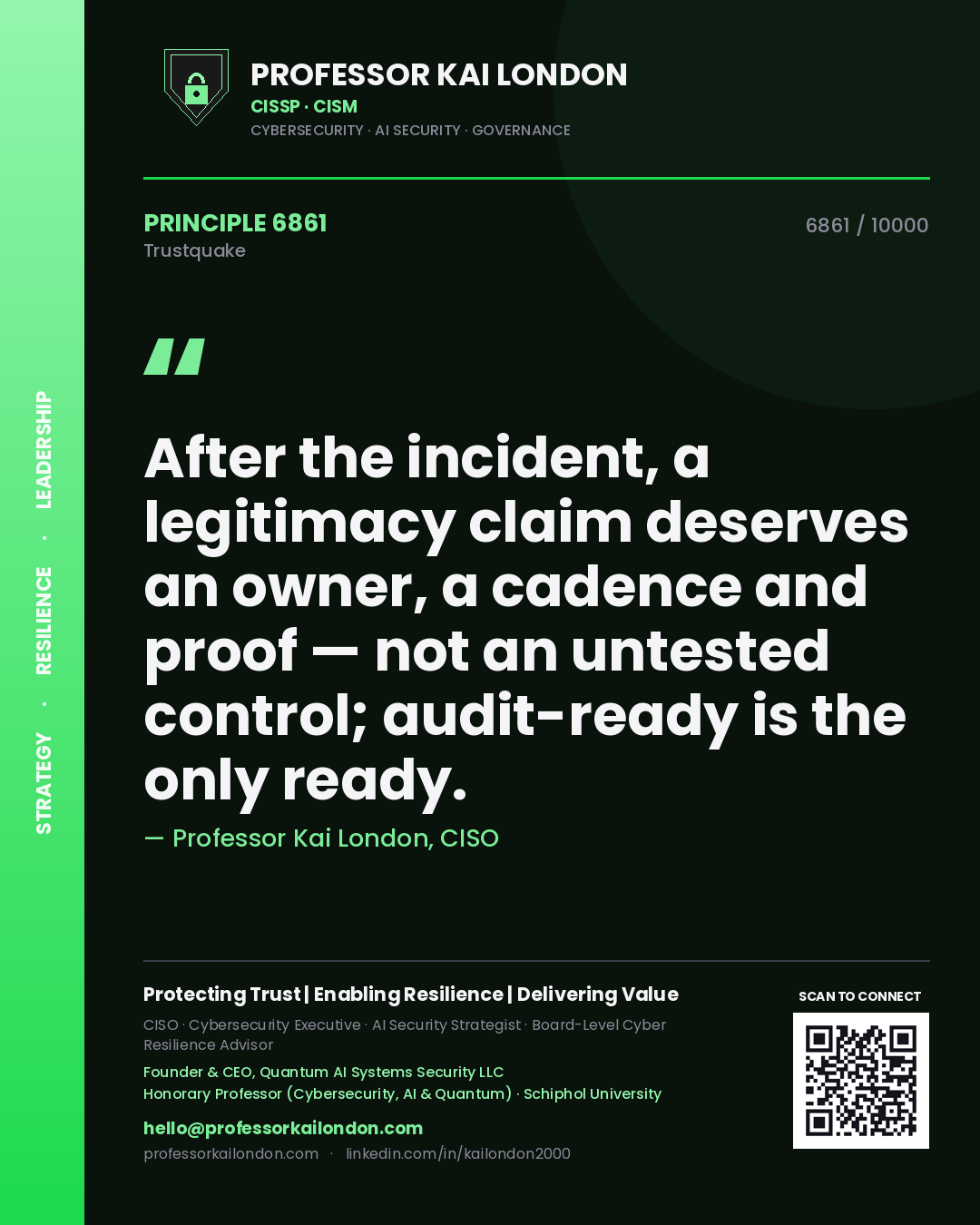 Quote card by Professor Kai London reading 'After the incident, a legitimacy claim deserves an owner, a cadence and proof — not an untested control; audit-ready is the only ready.'. From the book Trustquake.