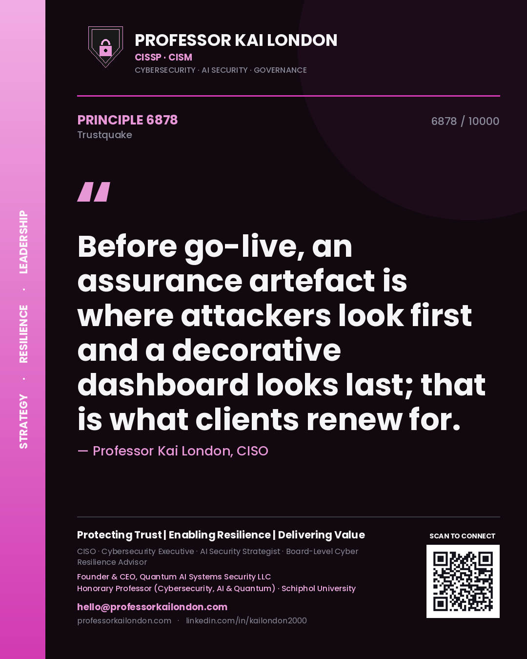 Quote card by Professor Kai London reading 'Before go-live, an assurance artefact is where attackers look first and a decorative dashboard looks last; that is what clients renew for.'. From the book Trustquake.
