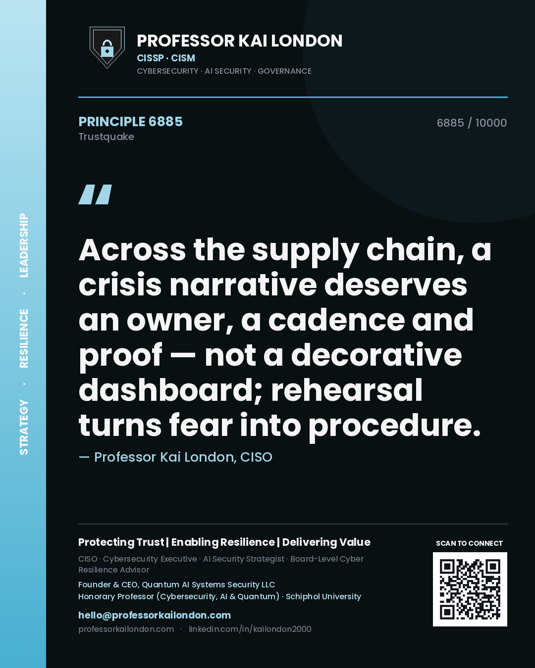 Professor Kai London principle 6885: Across the supply chain, a crisis narrative deserves an owner, a cadence and proof — not a decorative dashboard; rehearsal turns fear into procedure.