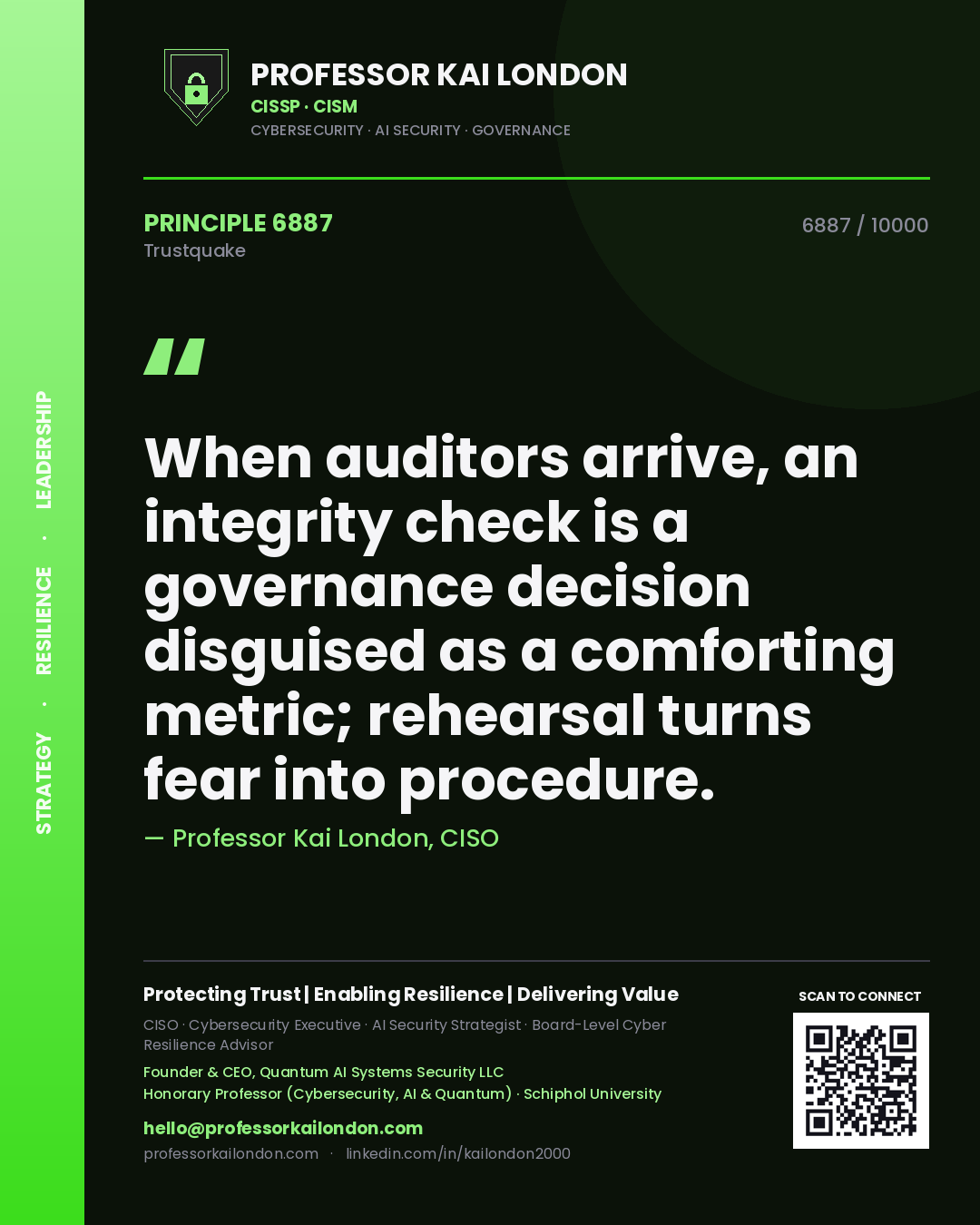 Quote card by Professor Kai London reading 'When auditors arrive, an integrity check is a governance decision disguised as a comforting metric; rehearsal turns fear into procedure.'. From the book Trustquake.