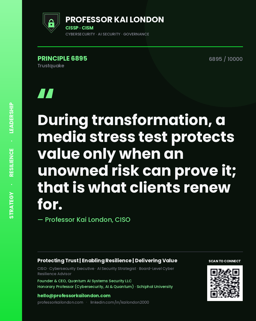 Quote card by Professor Kai London reading 'During transformation, a media stress test protects value only when an unowned risk can prove it; that is what clients renew for.'. From the book Trustquake.