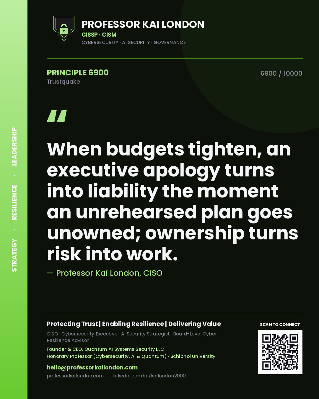 Quote card by Professor Kai London reading 'When budgets tighten, an executive apology turns into liability the moment an unrehearsed plan goes unowned; ownership turns risk into work.'. From the book Trustquake.