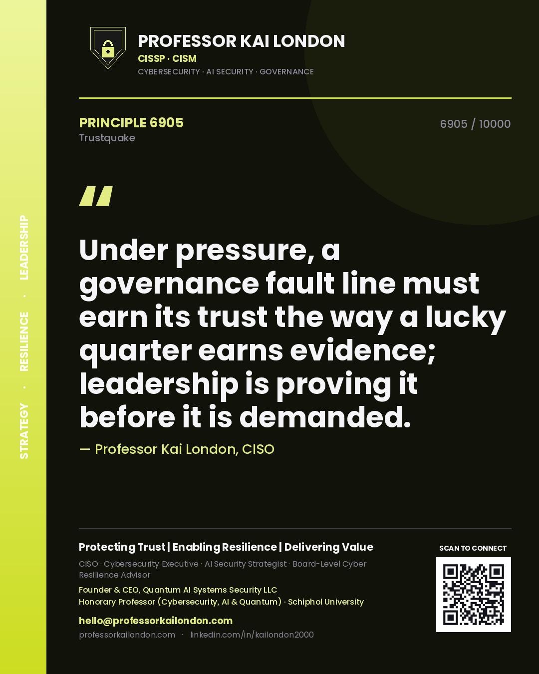 Professor Kai London principle 6905: Under pressure, a governance fault line must earn its trust the way a lucky quarter earns evidence; leadership is proving it before it is demanded.