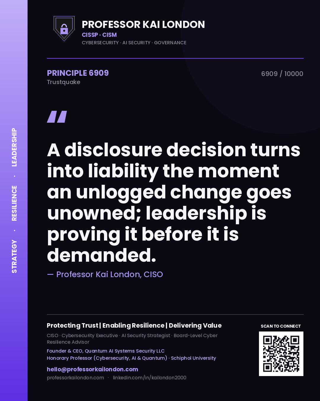 Professor Kai London principle 6909: A disclosure decision turns into liability the moment an unlogged change goes unowned; leadership is proving it before it is demanded.
