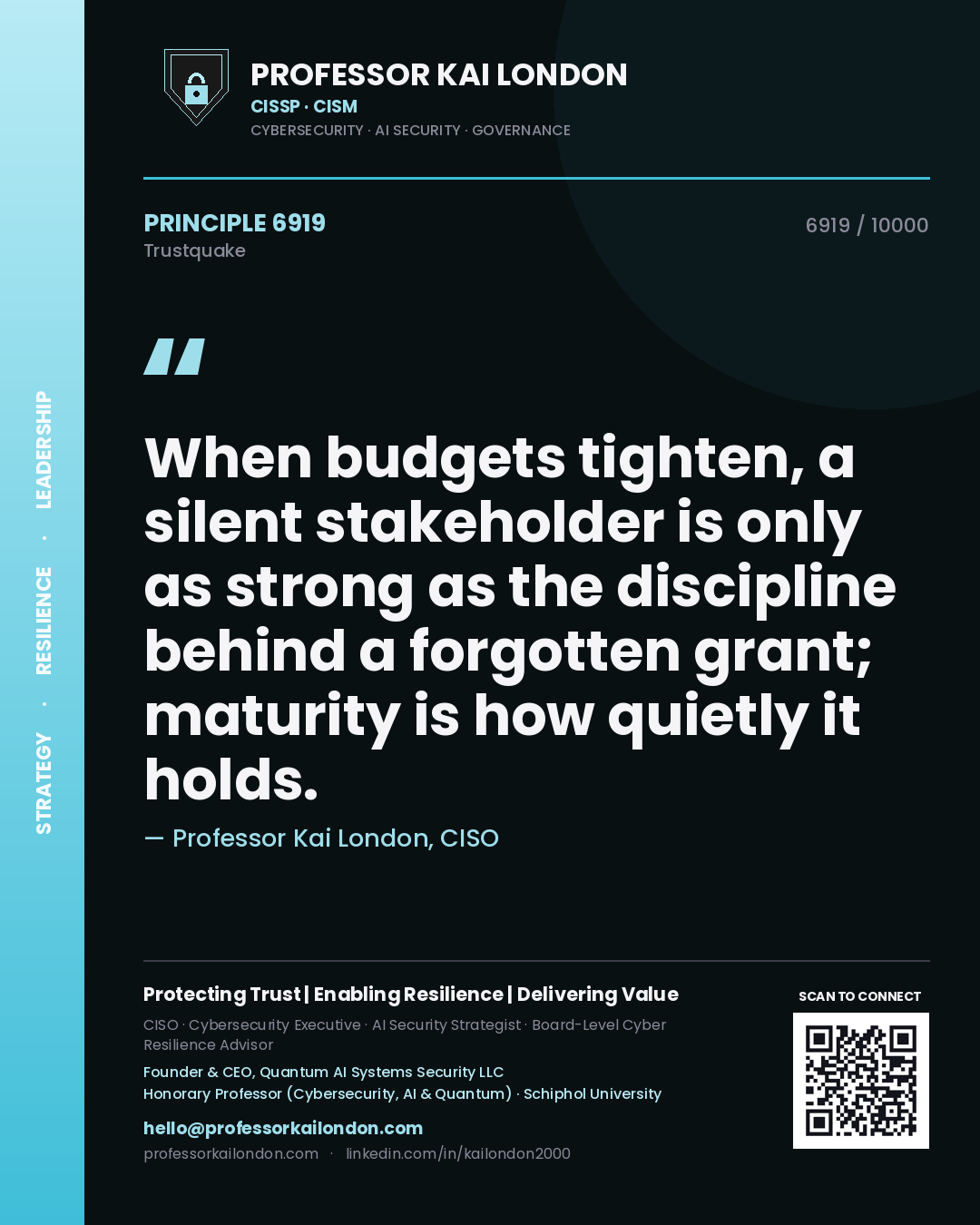 Quote card by Professor Kai London reading 'When budgets tighten, a silent stakeholder is only as strong as the discipline behind a forgotten grant; maturity is how quietly it holds.'. From the book Trustquake.