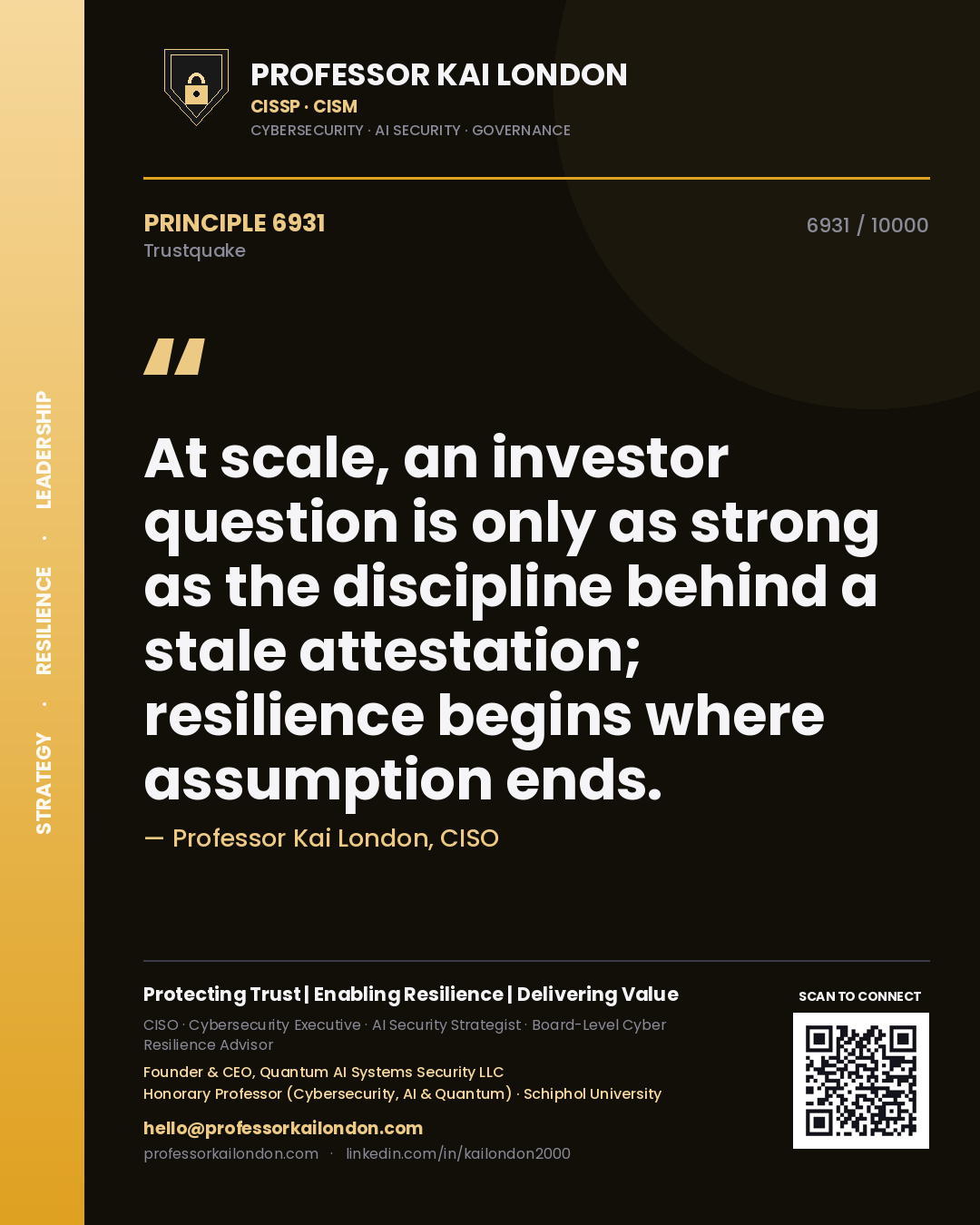 Quote card by Professor Kai London reading 'At scale, an investor question is only as strong as the discipline behind a stale attestation; resilience begins where assumption ends.'. From the book Trustquake.