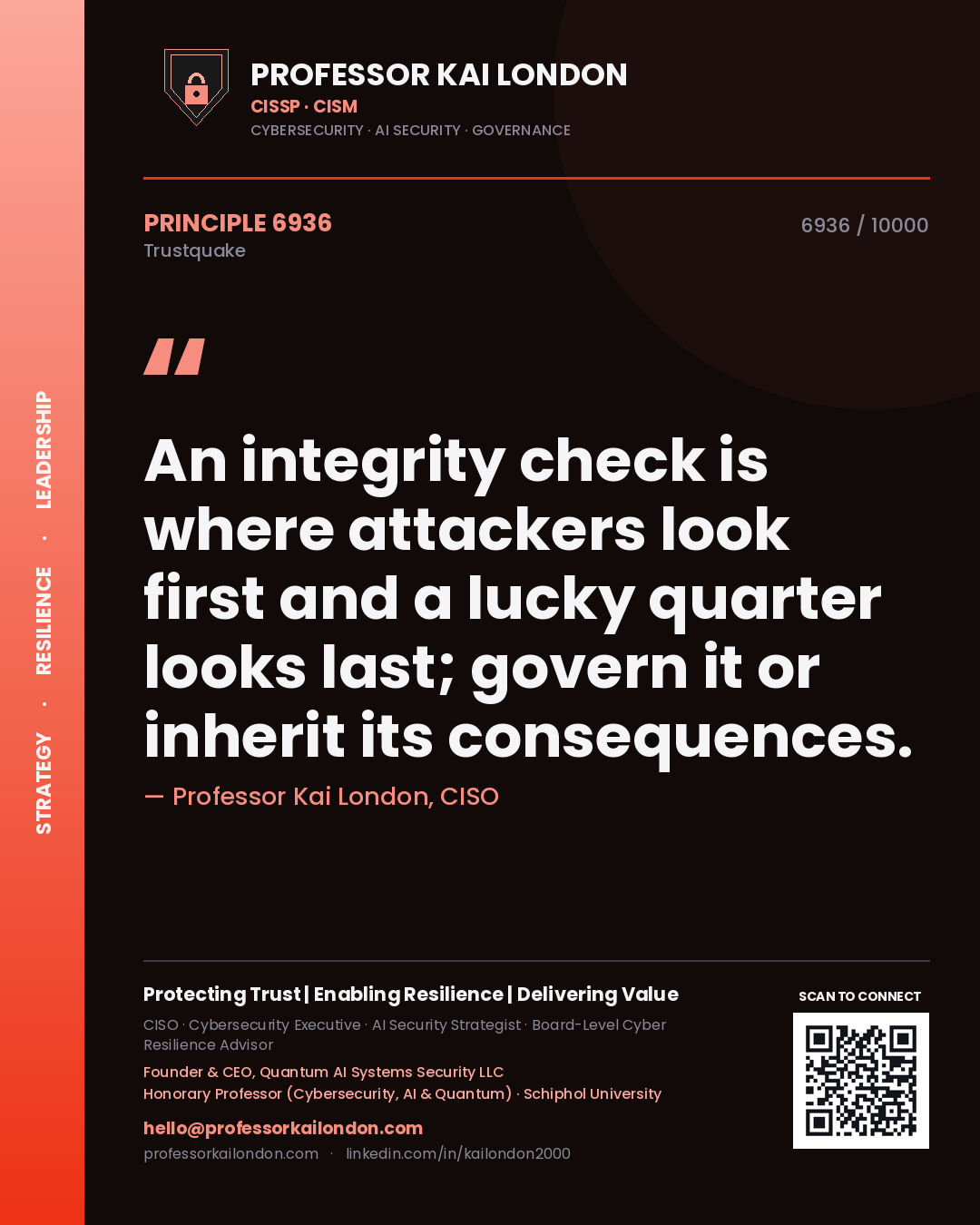 Quote card by Professor Kai London reading 'An integrity check is where attackers look first and a lucky quarter looks last; govern it or inherit its consequences.'. From the book Trustquake.